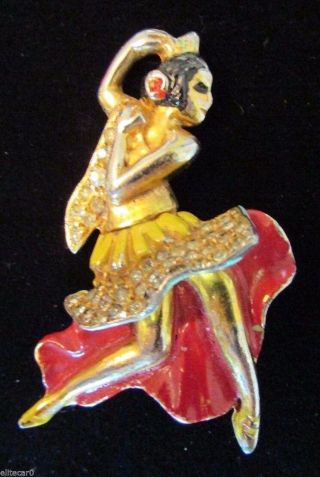 Rare Enamel Rhinestone Spanish Flamenco Dancer Brooch Figural Woman