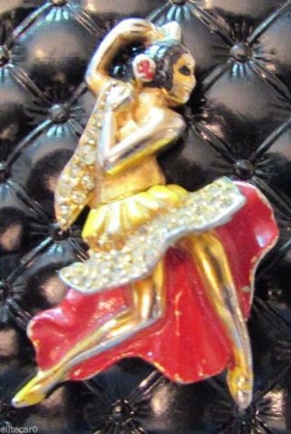 Rare Enamel Rhinestone Spanish Flamenco Dancer Brooch Figural Woman 3