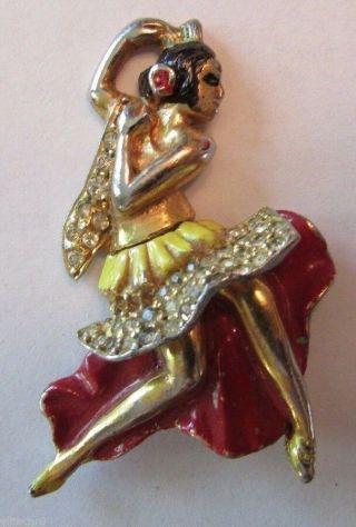 Rare Enamel Rhinestone Spanish Flamenco Dancer Brooch Figural Woman 4