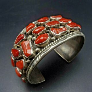 Vintage Navajo Sterling Silver Old Red Mediterranean Coral Cluster Cuff Bracelet