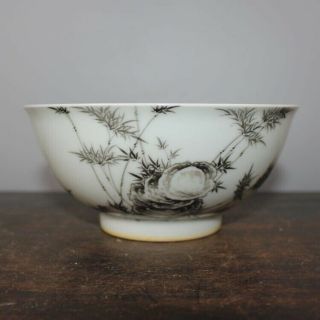 Chinese Old Marked Ink Colored Bamboo & Calligraphy Pattern Porcelain Bowl