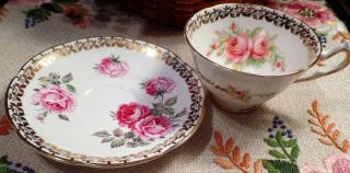 Vintage COLLINGWOODS Bone China England Tea Cup & Saucer Hand Painted Roses 2