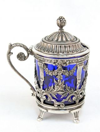 French Sterling Mustard Pot With Cobalt Liner