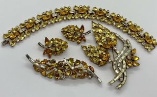 Vintage Signed Trifari Rhinestone Parure - Bracelet,  Brooches,  Earrings Set