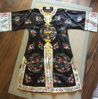 Vintage Chinese Esme Embroidered Silk Mandarin Kimono Robe Sz S Small