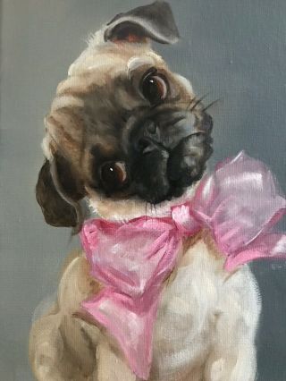 Barnes Oil Painting Vintage Antique Style Portrait Dog Pug A Puppy With Pink Bow