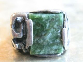 Wild Modernist Vintage Mans Mens Lost Wax Cast Sterling Silver Russian Jade Ring