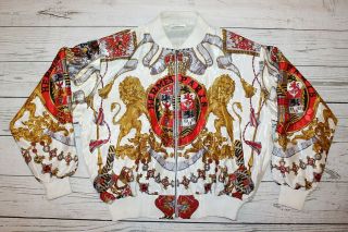 Vintage Hermes Paris Lion Crest 80s Silk Bomber Scarf Print Jacket Gucci Versace
