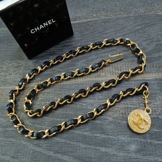 Chanel Gold Plated & Black Leather Cc Logos Vintage Chain Belt 4349a Rise - On