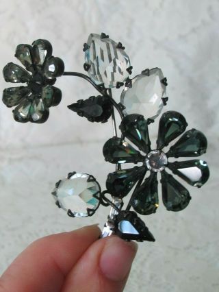 Estate Vintage Schreiner Black & Clear Rhinestone FlowersTrembler Brooch Pin H7 3