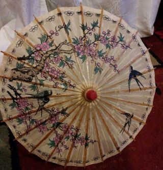 Vintage Japanese Paper Umbrella Parasol Bamboo Birds & Flowers