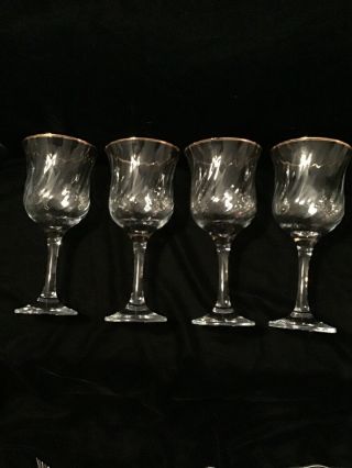 Vintage Stemware Swirl Crystal Gold Rim Wine /water Goblet 12 Oz Set Of 4