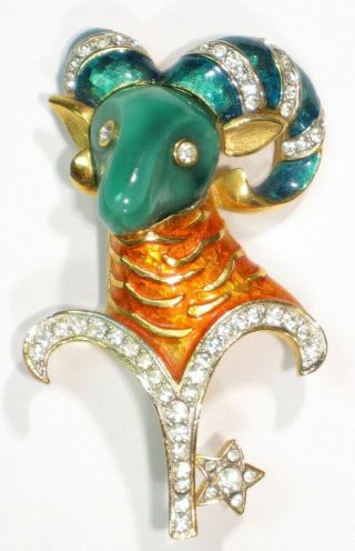 Rare Find Denicola Aries Ram Enamel Pave Rhinestone Brooch Aries Zodiac