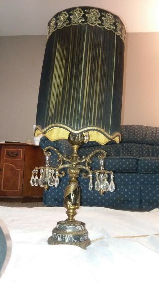 Vintage Italy Marble Crystal Table Lamp Goth Black /gold Shade
