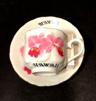 Vtg Tajima Hawaii Porcelain China Teacup Saucer Pink Hibiscus Gold Trim Souvenir