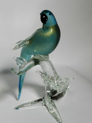 Vintage Murano Blown Glass Parrot On Branch Base W/ Gold Flake Fill 10.  5 " Vt3088