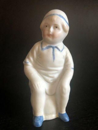 Antique Bisque Porcelain Potty Boy Figurine On Chamber Pot