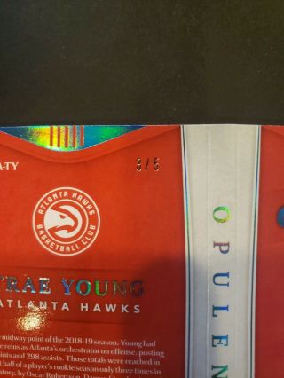 2018 - 19 Panini Opulence TRAE YOUNG Rookie Patch Auto Nameplate 3/5 Rare Hawks 3