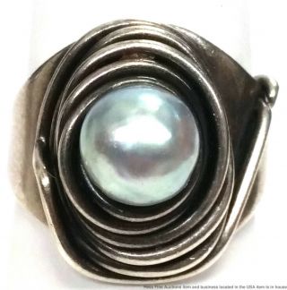 Rebajes Antique Arts Crafts Hand Wrought Sterling Silver Cultured Pearl Ring