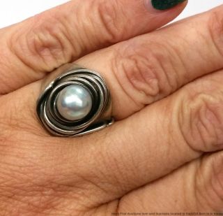 Rebajes Antique Arts Crafts Hand Wrought Sterling Silver Cultured Pearl Ring 2