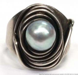 Rebajes Antique Arts Crafts Hand Wrought Sterling Silver Cultured Pearl Ring 3