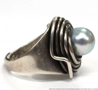 Rebajes Antique Arts Crafts Hand Wrought Sterling Silver Cultured Pearl Ring 4