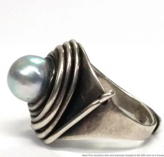 Rebajes Antique Arts Crafts Hand Wrought Sterling Silver Cultured Pearl Ring 5