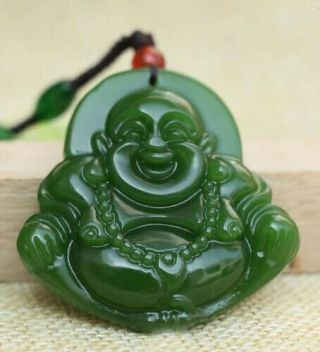 Fine Natural Hand - Carved Green Jade Buddha Lucky Amulet Pendant Necklace