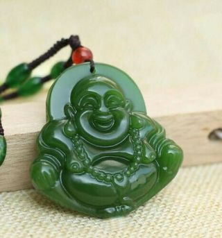 Fine Natural hand - carved green jade buddha Lucky Amulet pendant necklace 2