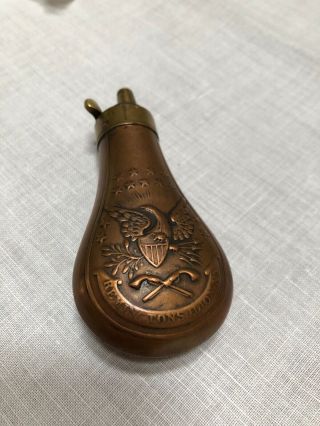 antique copper & brass gun powder flask - Remington pistol 3