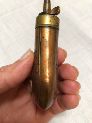 antique copper & brass gun powder flask - Remington pistol 4