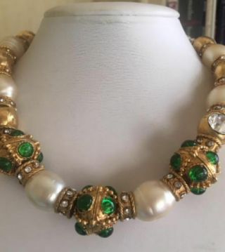 Rare 80s Vintage Chanel Extra Large Pearl And Headlight Diamante Necklace