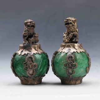 A Pair Chinese Jade Handwork Armor Old Tibetan Silver Carved Dragon Lion Statue