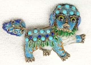 Vtg Chinese Gilt Sterling Filigree,  Enamel & Turquoise Foo Dog Lion Brooch 3