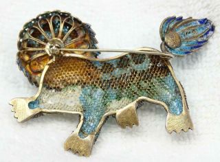 Vtg Chinese Gilt Sterling Filigree,  Enamel & Turquoise Foo Dog Lion Brooch 4