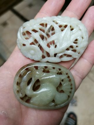 From Old Estate Antique Chinese Ming 2x Carved Jade Bird Pedent Asian China