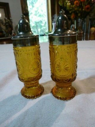 Vintage Pressed Amber Glass Salt & Pepper Shaker Set 5 "