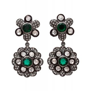 Russian Rose Diamond Polki,  Lush Green Emerald Victorian Women English Earrings 2