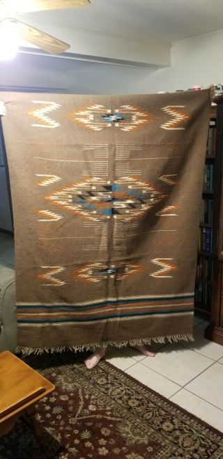 Vintage Chimayo Wool Blanket Hand Woven 52x83 " Hour Glass Truchas,  Mexico