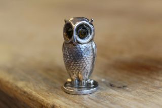 1906 Sampson Mordan Solid Silver Owl Letter Seal With Glass Eyes