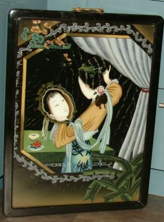 Chinese Reverse Painting On Glass Woman Looking In Hand Mirror