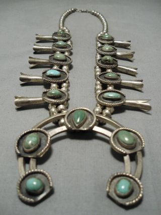 Heavy Vintage Navajo Royston Turquoise Sterling Silver Squash Blossom Necklace