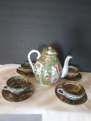 Antique 19thc Chinese Export Porcelain Tea Pot Rose Medallion Tea Set Cup Saucer