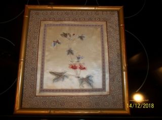 Antique Vintage Chinese Silk Picture Butterfly And Flowers Framed Ready To Hang