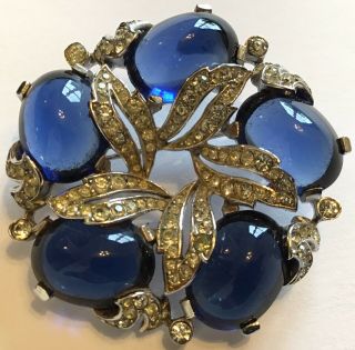 Vintage Crown Trifari Signed Empress Blue & Clear Rhinestone Brooch