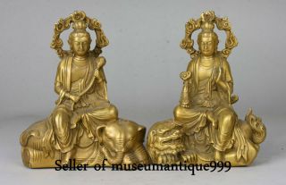 5.  2 " Old China Copper Wenshu Manjushri Puxian Bodhisattva Ride Beast Statue Pair