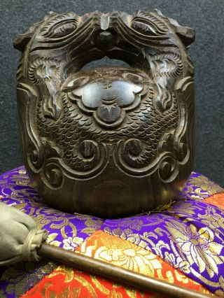 Japanese Vintage Buddhist Mokugyo Bell Hard Wood Silk Pillow Large Temple Rare