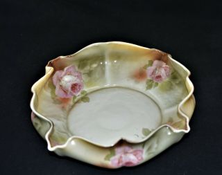Antique Silesia Hand - Painted Ruffled Serving Bowl Dish