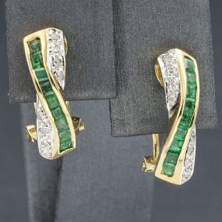 Vintage 14k Yellow Gold 0.  36 Tcw Emerald & Diamond Omega Back Earrings 2.  5 Grams