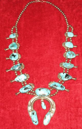 Vintage Hallmarked Sterling Silver & Turquoise Squash Blossom Necklace 10